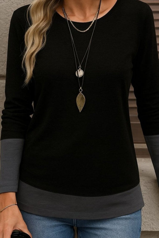 Kadın Uzun Kollu Açık Yuvarlak Yaka Blok Renkli Viskon Bluz