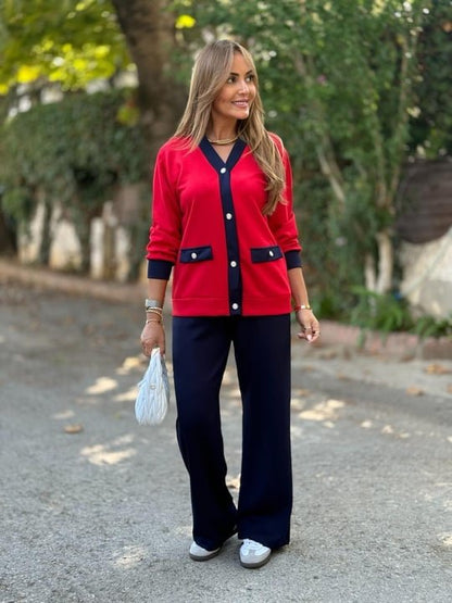 Kadın Uzun Kollu Ribanali Cep Detay Hırka Ve Bol Paça Pantolon Ikili Takım