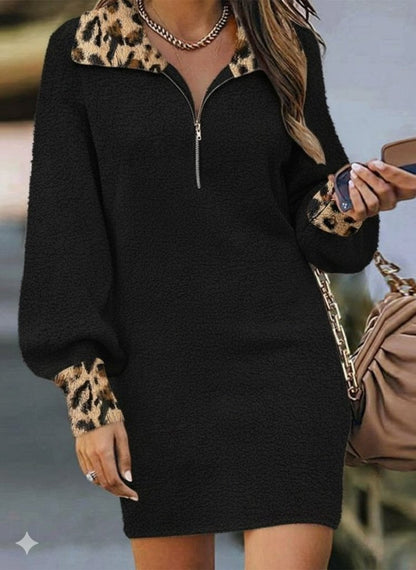 Kadın Uzun Kollu Yakalı önden Fermuarlı Leopar Detaylı Mini Peluş Elbise