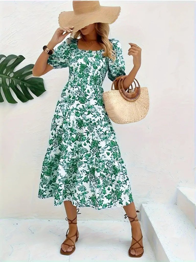 Kadın Kısa Kollu Kare Yakalı Lastikli Desenli Süprem Elbise