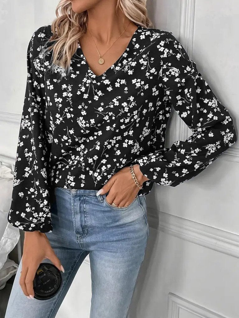 Kadın Uzun Kollu V Yakalı çiçek Desenli Modal Bluz