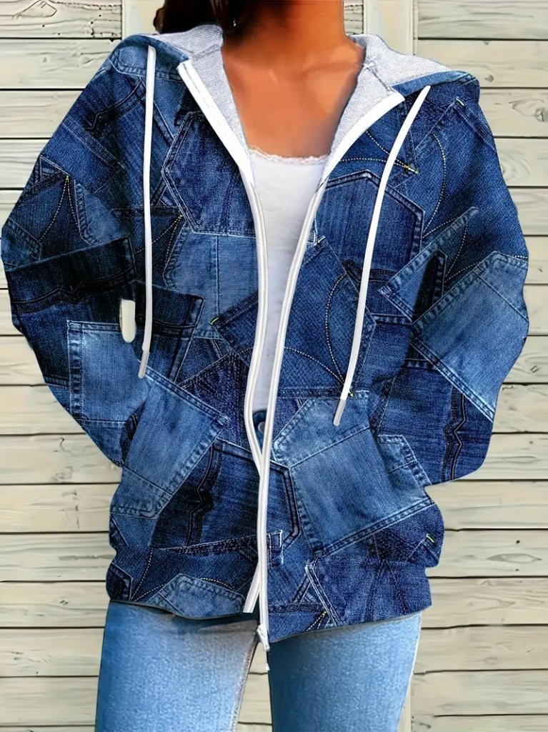 Kadın Uzun Kollu Kapşonlu Fermuarlı Kot Desenli Bağcıklı Modal Ceket