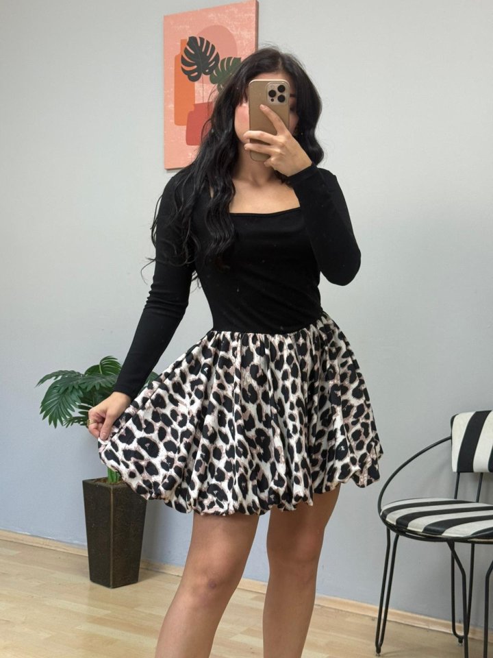 Kadın Uzun Kollu Kare Yaka Mini Balon Modal Elbise