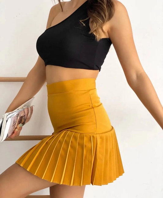Altı pliseli mini etek hardal s24705