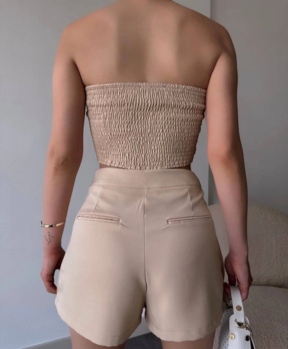 Arkadan büzgülü esnek büstiyer bej