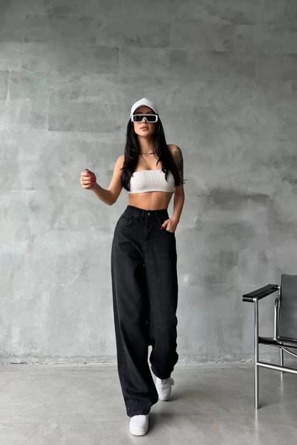 Arkadan tokalı jeans pantolon Siyah