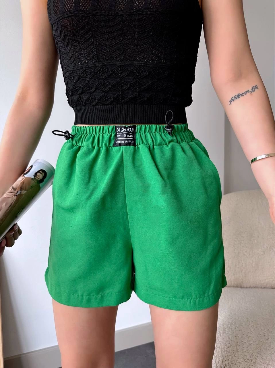 Armalı keten şort yeşil s251003