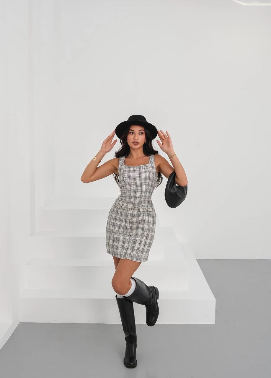 Askılı ch kumaş düğmeli elbise gribeyaz h265007