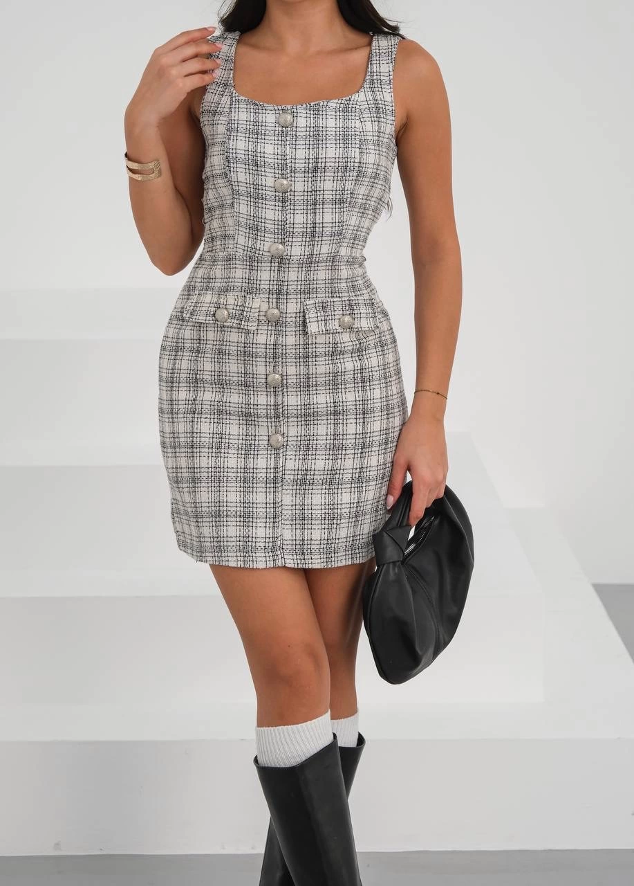 Askılı ch kumaş düğmeli elbise gribeyaz h265007