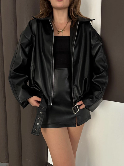 Astarlı kemerli pb deri ceket siyah onst