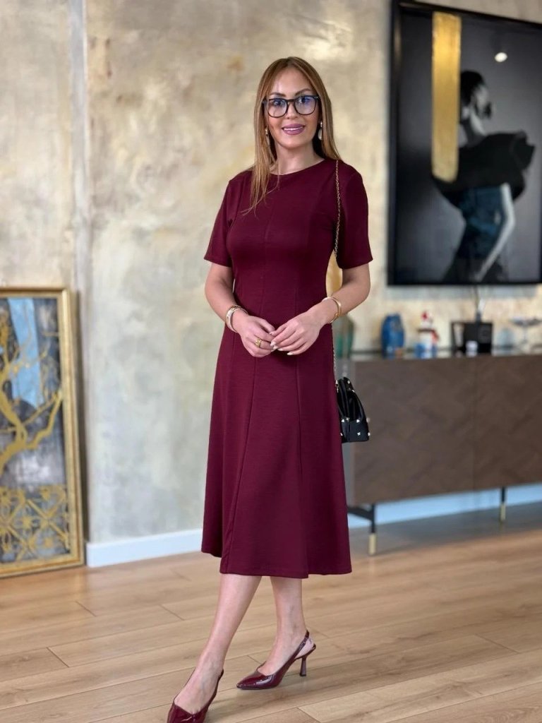 Kadın Kısa Kollu Bisiklet Yaka Midi Viskon Iki Iplik Elbise