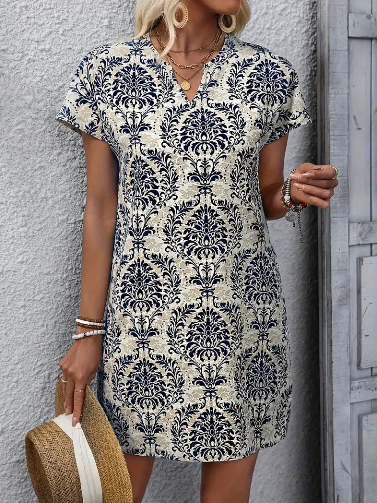 Kadın Kısa Kollu çentik Yaka çiçek Desenli Keten Elbise