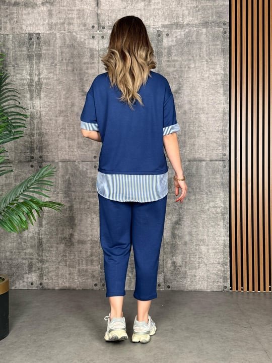 Kadın Modal Kumaş çizgili Gömlek Yaka Ikili Takım