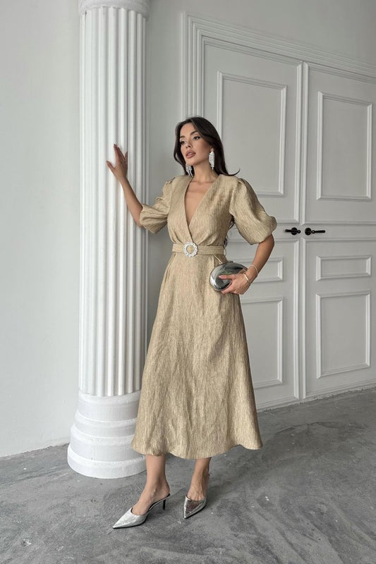 Gold Işıltılı Kemerli Kruvaze Elbise