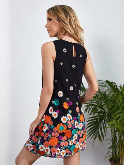Kadın Sıfır Kollu Bisiklet Yaka çiçek Desenli Süprem Mini Elbise