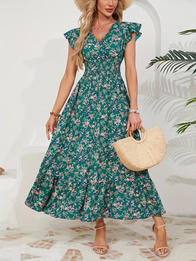 Kadın Kısa Kollu Kruvaze Yaka Beli Lastikli çiçek Desenli Elbise