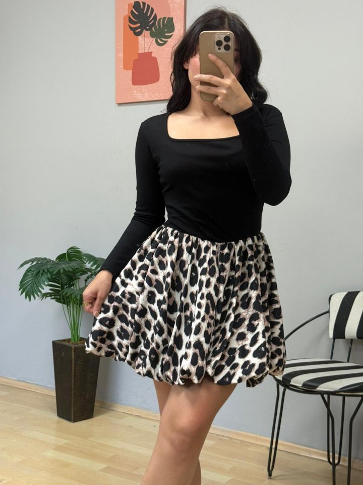 Kadın Uzun Kollu Kare Yaka Mini Balon Modal Elbise