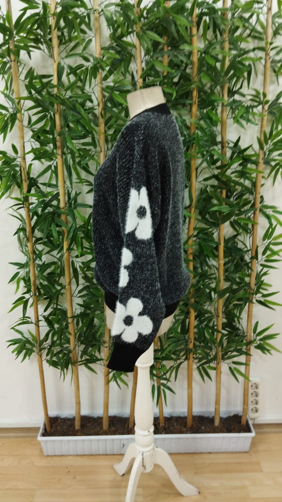 Kadın Uzun Kollu Bisiklet Yaka çiçek Desenli Triko Bluz