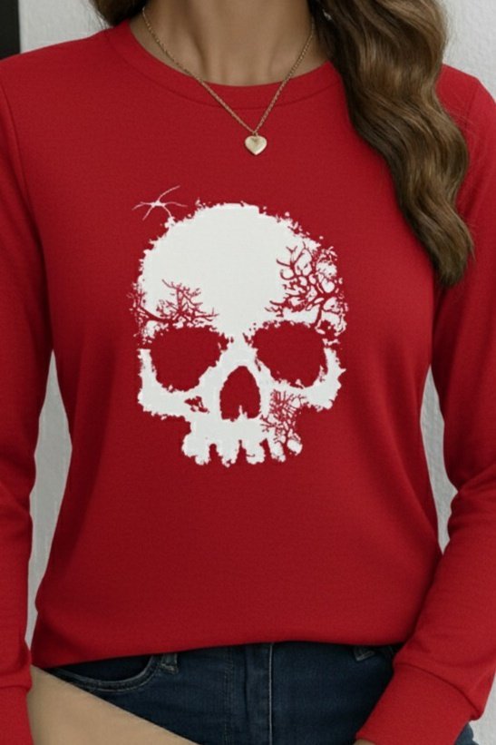 Kadın Uzun Kollu Bisiklet Yaka Kurukafa Desenli Viskon Bluz