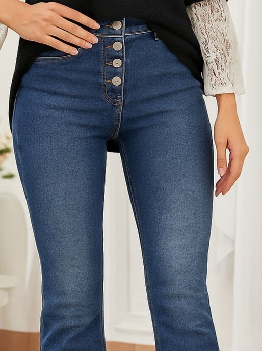 Kadın Yüksek Bel önden Düğmeli Cep Detay Ispanyol Paça Denim Pantolon