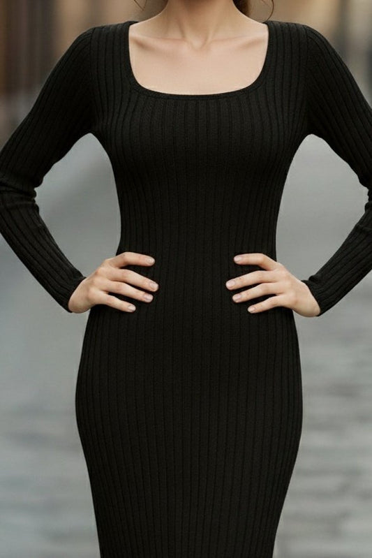 Kadın Uzun Kollu Kare Yakalı Midi şardonlu Kaşkorse Elbise