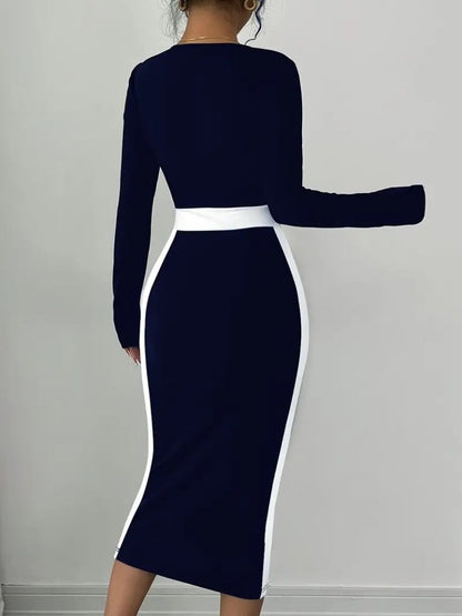 Kadın Uzun Kollu Geometrik Yaka Midi Ithal Krep Elbise