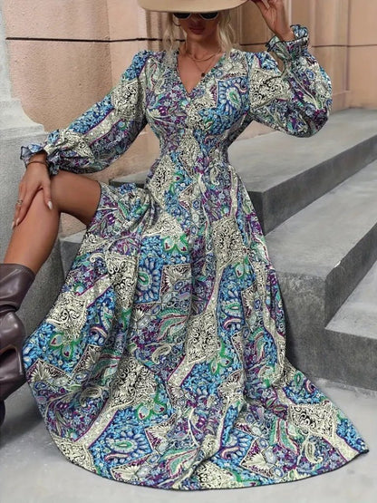 Kadın Uzun Kollu Kruvaze Yakalı Desenli Süprem Maxi Elbise