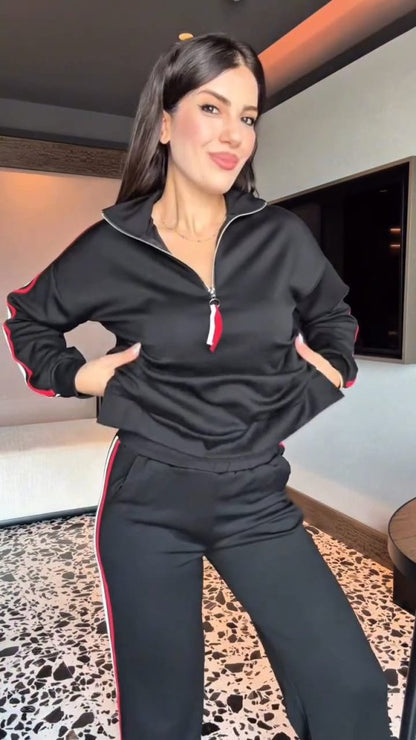 Kadın Uzun Kollu Fermuarlı Viskon Iki Iplik Bluz Ve Pantolon Ikili Takım