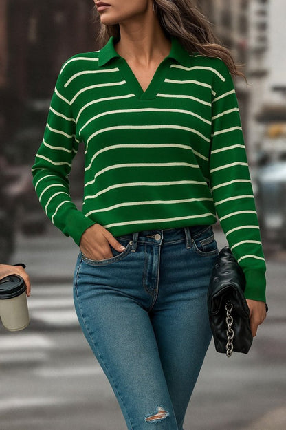 Kadın Uzun Kollu V Yaka çizgili Triko Bluz