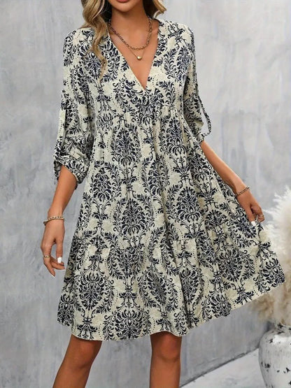 Kadın Uzun Kollu V Yakalı Fırfırlı Mini Süprem Elbise