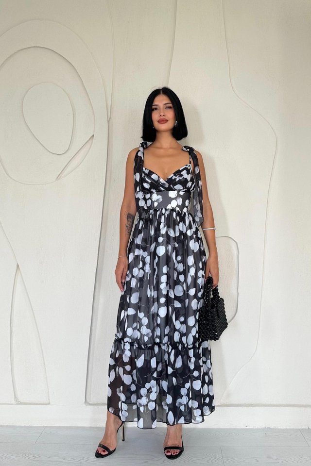 Siyah Şifon Drapeli Elbise