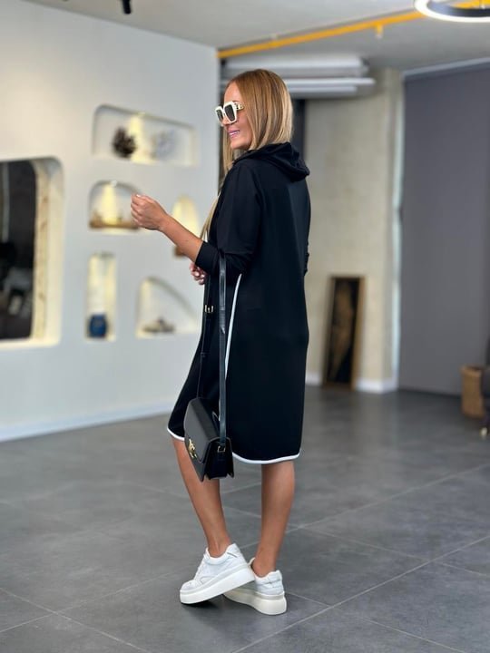 Kadın Uzun Kollu Kapüşon Ve Ribana Detay Diz üstü Elbise