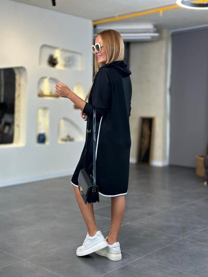 Kadın Uzun Kollu Kapüşon Ve Ribana Detay Diz üstü Elbise