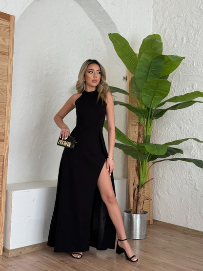 Kadın Halter Yaka Derin Yırtmaç Detaylı Tam Boy Ithal Krep Abiye Elbise