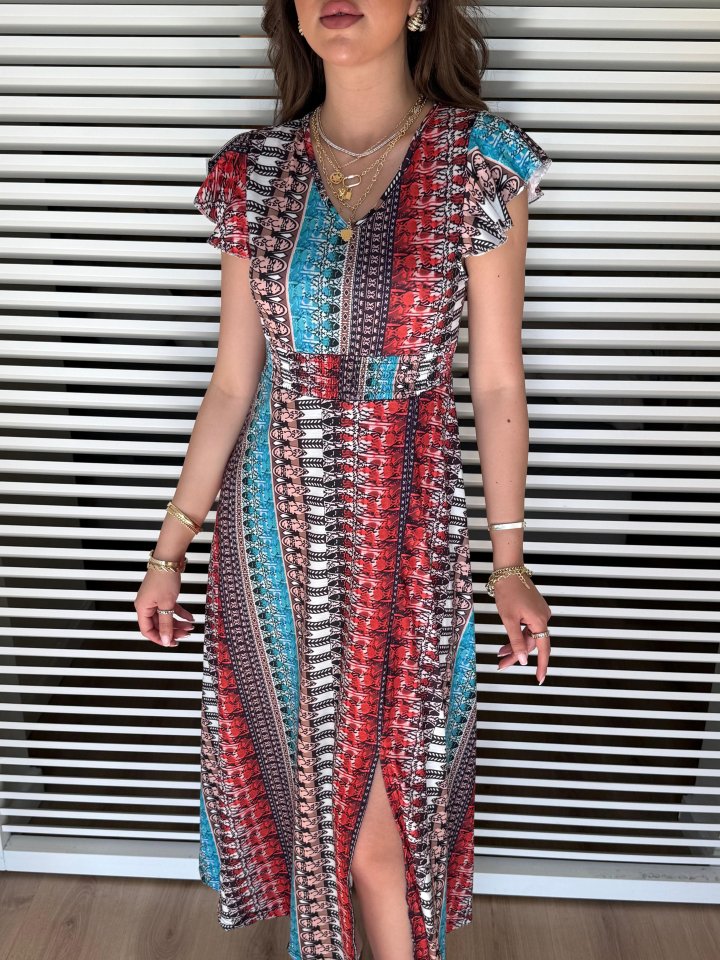 Kadın Kısa Kollu V Yakalı Desenli Yandan Yırtmaçlı Süprem Elbise