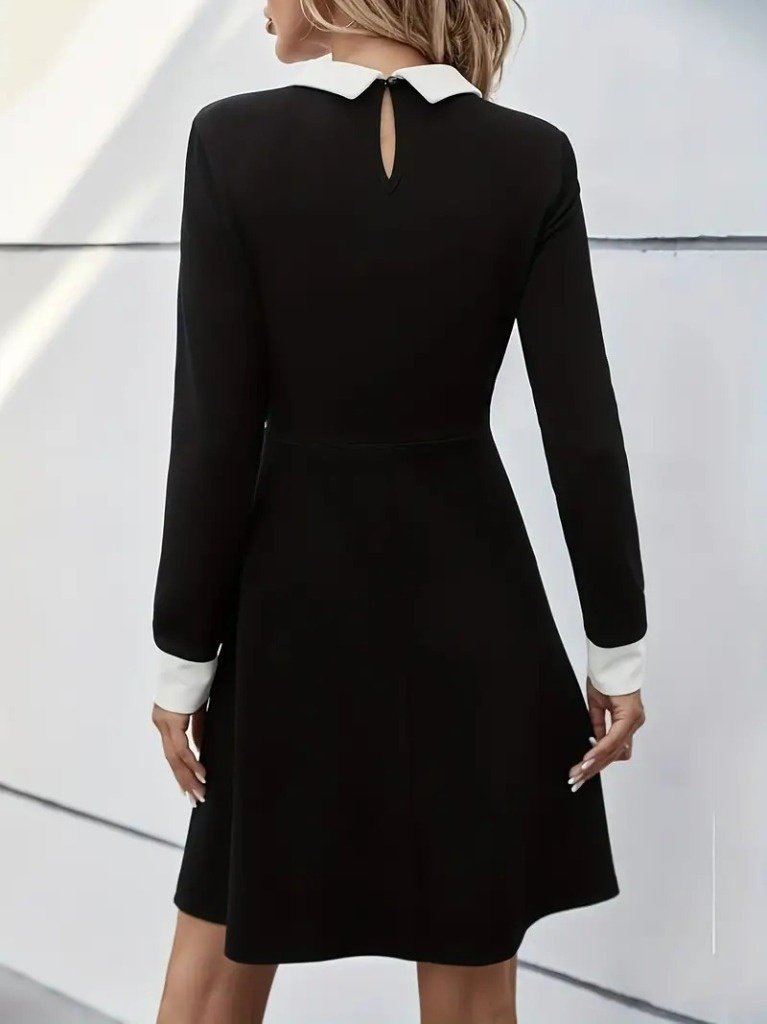 Kadın Uzun Kollu Yakalı Düğmeli Kısa Modal Mini Elbise