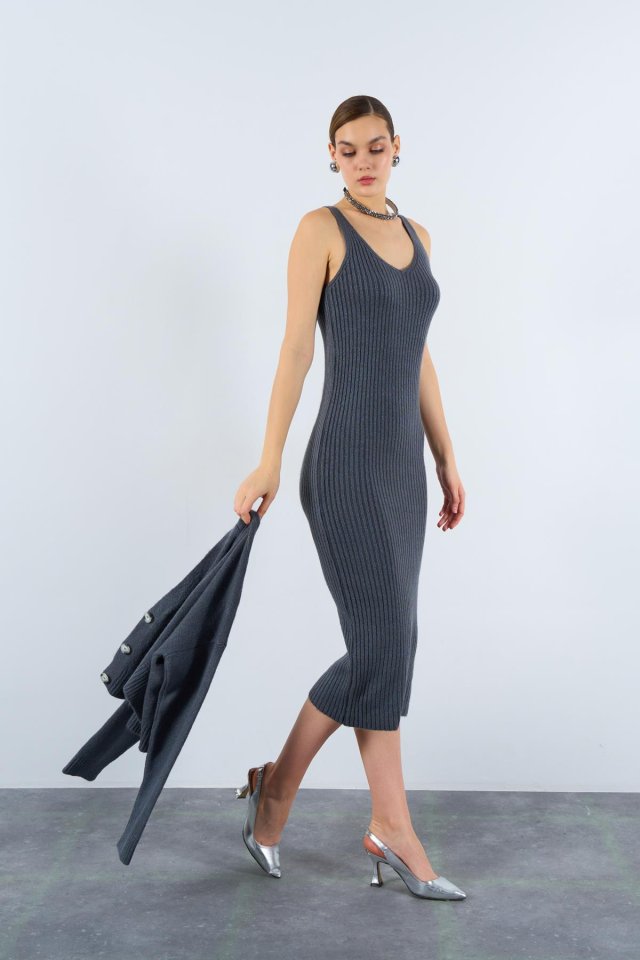 Fitilli Elbise Hırkalı Takım - Füme