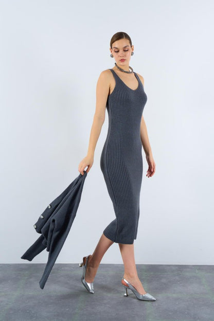 Fitilli Elbise Hırkalı Takım - Füme