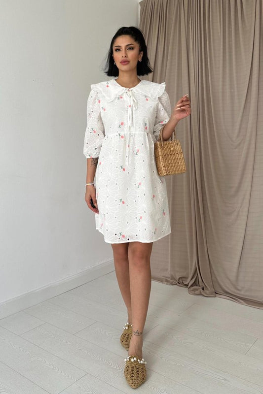 Pembe Bebe Yakalı Brode Elbise