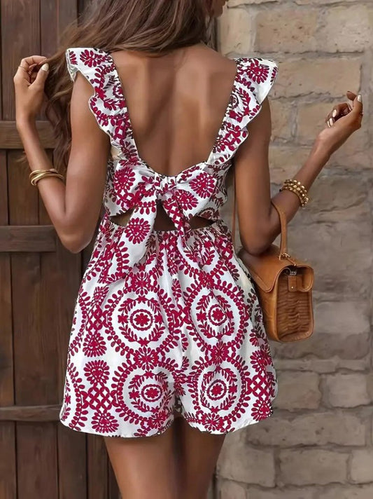 Kadın Askılı Kare Yakalı Arkadan Bağcıklı Desenli Keten Tulum