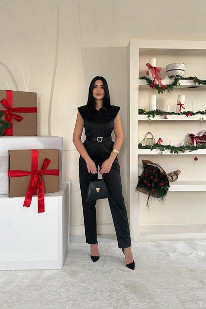 Siyah Vatkalı Kemerli Tulum