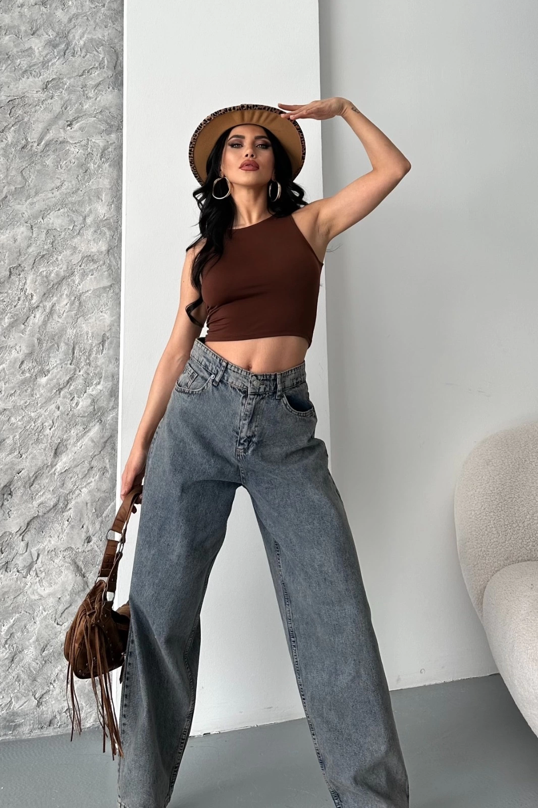 Baggy kar yıkama eskitme kahve jeans pantolon d2007