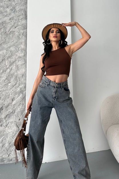 Baggy kar yıkama eskitme kahve jeans pantolon d2007