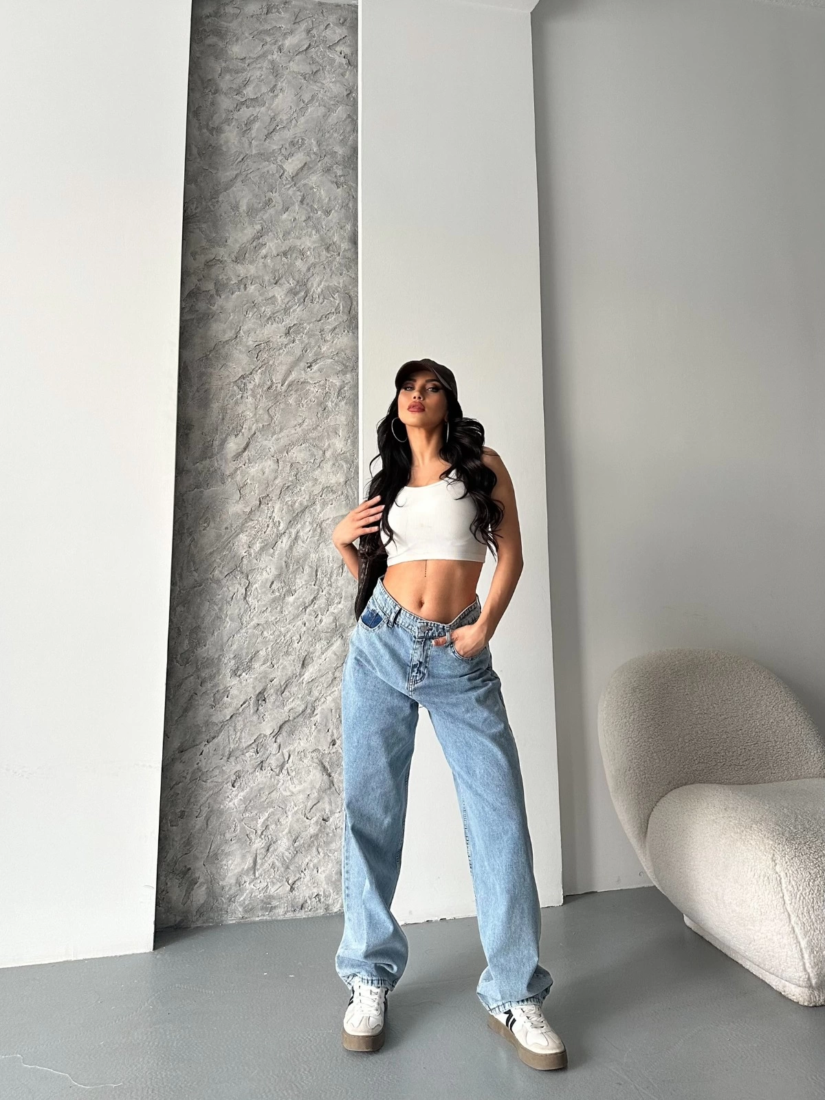 Baggy kar yıkama orta mavi jeans pantolon d2007