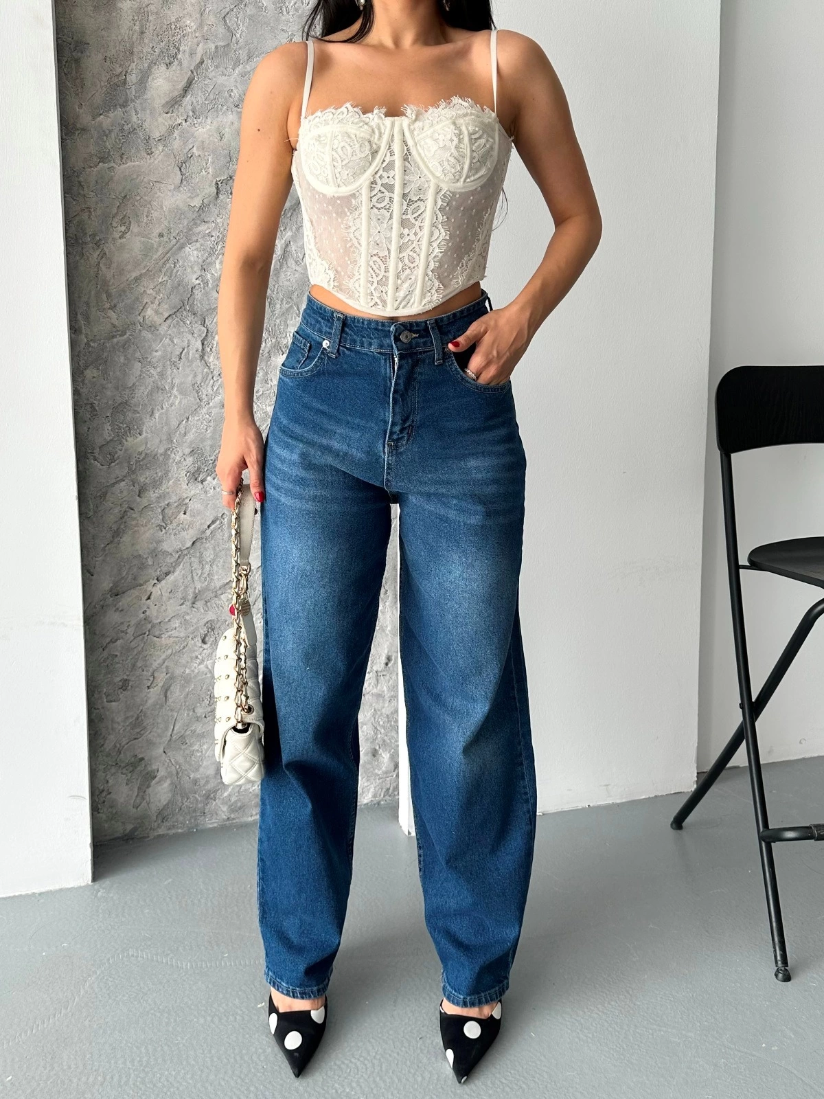 Baggy süper taş bıyık yıkama koyu mavi jeans pantolon d2007