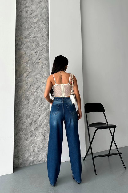 Baggy süper taş bıyık yıkama koyu mavi jeans pantolon d2007