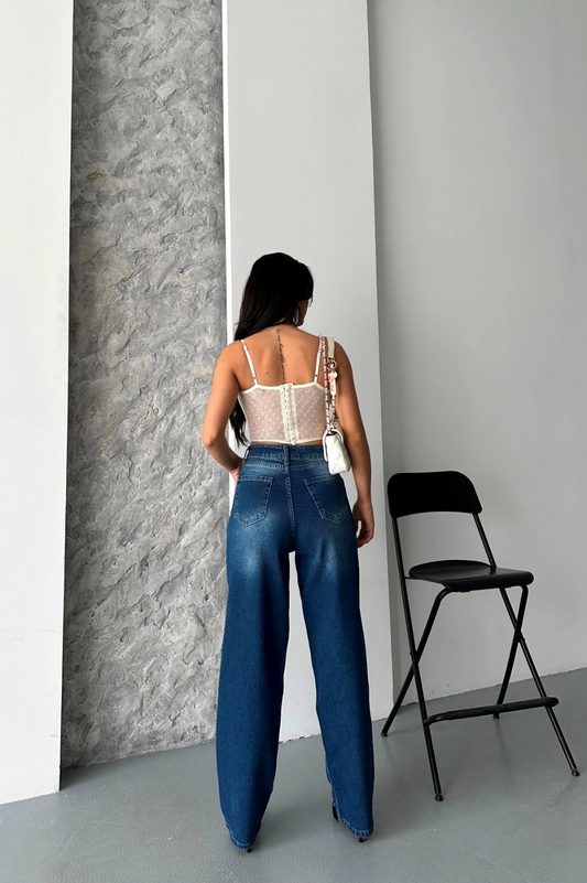 Baggy süper taş bıyık yıkama koyu mavi jeans pantolon d2007