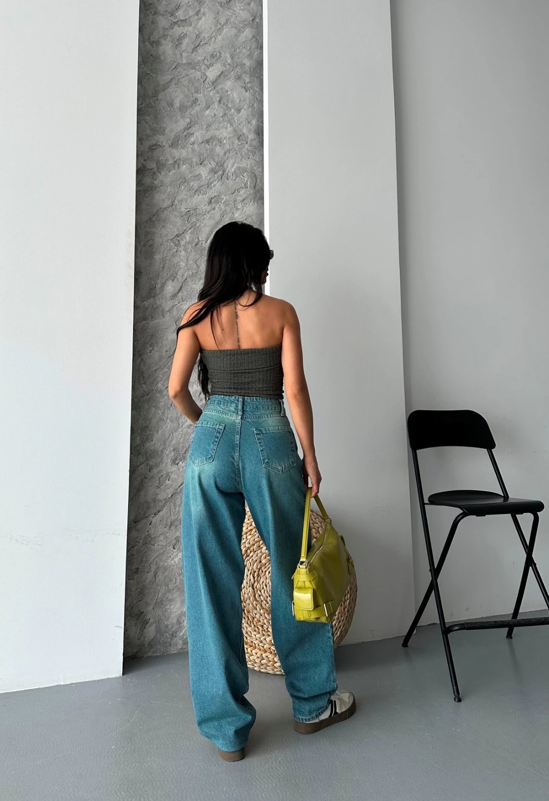 Baggy taş enzim bıyık yıkama jeans pantolon yeşil tint d2007