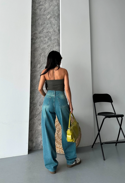 Baggy taş enzim bıyık yıkama jeans pantolon yeşil tint d2007