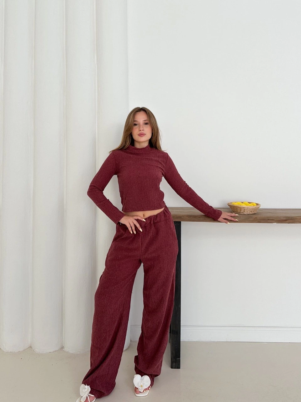 Balıkçı yaka örme takım bordo st265865